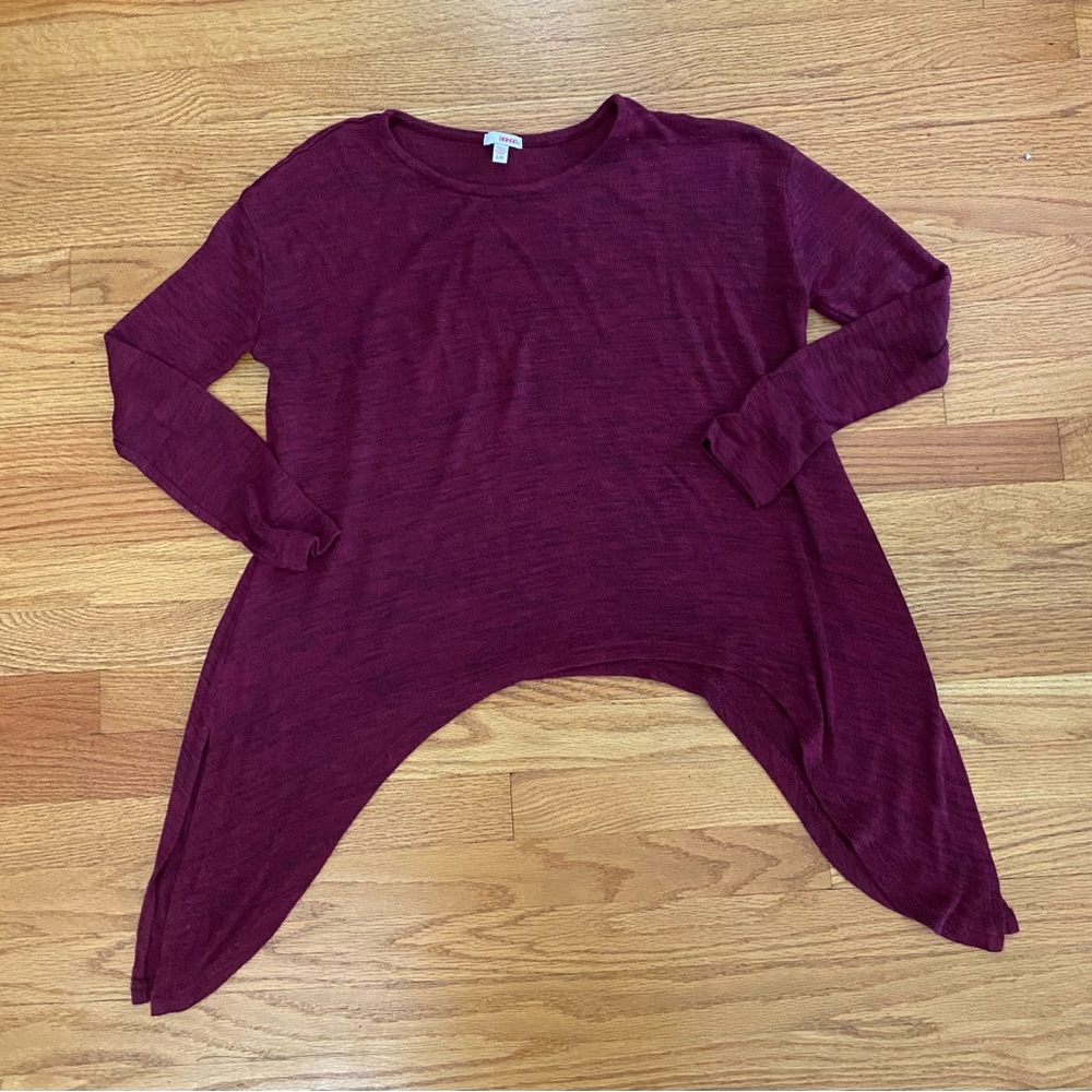Bongo Top Women’s Large Burgundy Uneven Slit Hem High Low Detail Long Sleeve